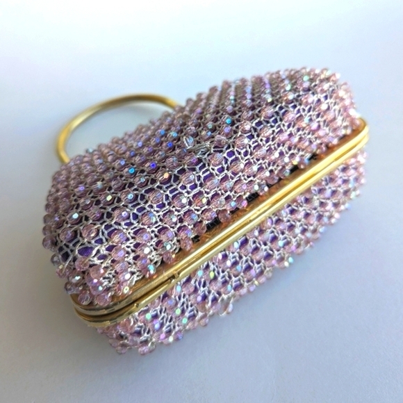 Bead Crochet Top Handle Kiss Lock Frame Bag Pink Purple Gold - Picture 4 of 11